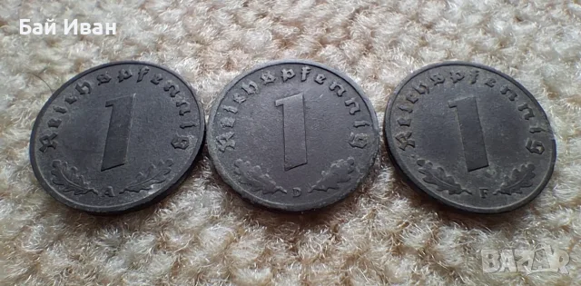 Стара монета/и 1 пфенинг 1942 г. букви А , D и F свастика - Германия - цинкови, снимка 9 - Нумизматика и бонистика - 55380701