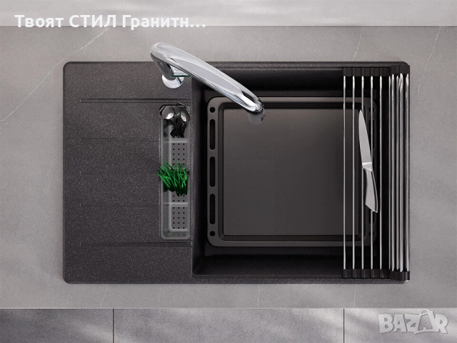 Графит  кухненска мивка от гранит Копенхаген 780x500 SmartSpace Top 60, снимка 5 - Мивки - 54463614