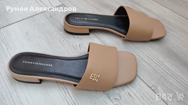 Нови бежови дамски кожени чехли TOMMY HILFIGER FLAT SANDAL EUR38, снимка 3 - Чехли - 55647304
