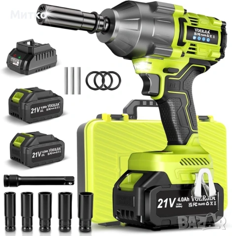 Безжичен ударен гайковерт 1/2 инча, 1000Nm безчетков ударен пистолет с висок въртящ момент, комплект