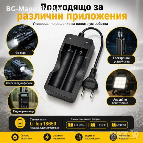 Евтино зарядно устройство за литиеви батерии Li-Ion 2 слота 2 батерии 18650 3.7V с кабел за контакт, снимка 3 - Друга електроника - 51041602