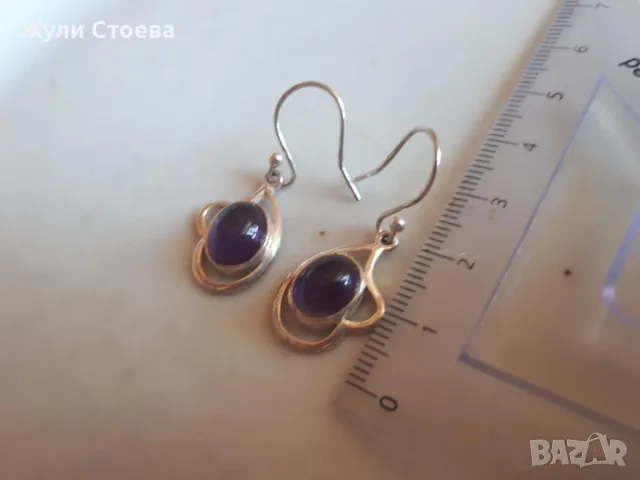 Сребърни обеци с естествени аметисти, снимка 3 - Обеци - 55645363