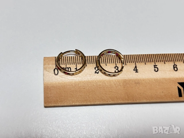 Златни Обеци 1,85 грама 14K(проба 585) с бели и розови циркони, снимка 10 - Обеци - 54939763