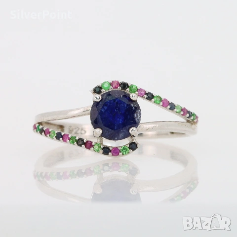 Сребърен пръстен със Сапфир Royal Blue, Рубини и Цаворити със сертификат 