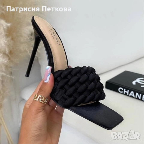 Чисто Нови Сатенени елегантни черни сандали / чехли на висок ток Simmi London, размер 39, цвят черен, снимка 5 - Дамски елегантни обувки - 54010735