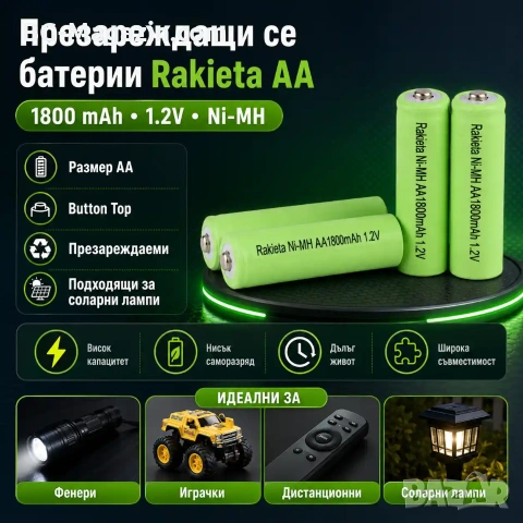 Акумулаторни батерии за соларни лампи Rakieta AA 1800mAh презареждащи се играчки фенери дистанционни, снимка 8 - Друга електроника - 51273735