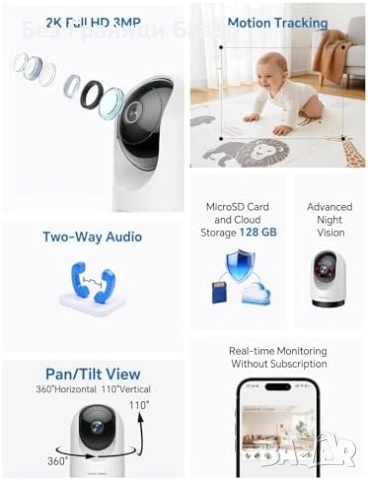 Нова WOLFANG вътрешна камера 360° 2K 3MP Alexa Google 2 броя комплект за дом охрана, снимка 2 - Други - 54202825