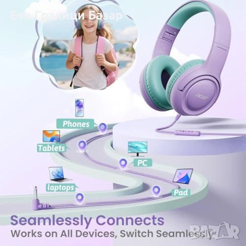 Нови Детски over-ear слушалки Acer HK03 за таблет училище пътване сгъваеми с лимит на звука, снимка 5 - Слушалки и портативни колонки - 54464971