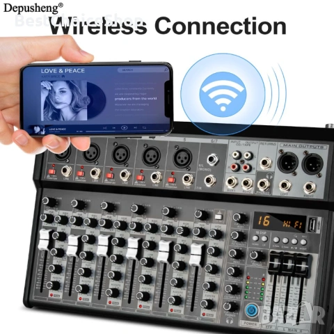 Професионален аудио миксер Depusheng, 7-канален аудио интерфейс, 16-битов DSP DJ Bluetooth миксер, снимка 7 - Аудиосистеми - 54102265