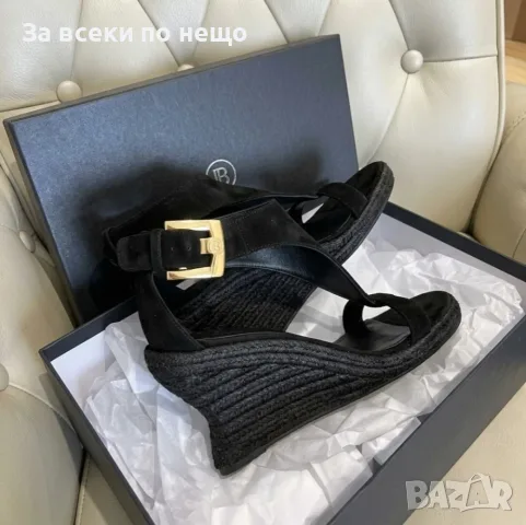 Balmain Suede T-Strap Wedge Sandal "Black/Gold" Дамски Черни Сандали На платформа Код ch2, снимка 3 - Сандали - 55411005