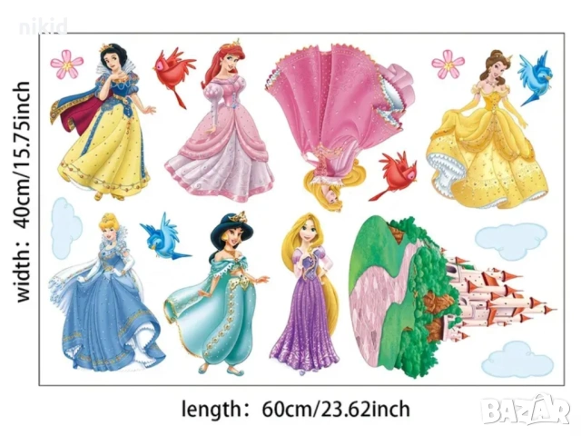 7 принцеси замък Снежанка Белл Пепеляшка Ариел Рапунцел Жасмин стикер лепенка стена мебел детска , снимка 2 - Други - 54034449