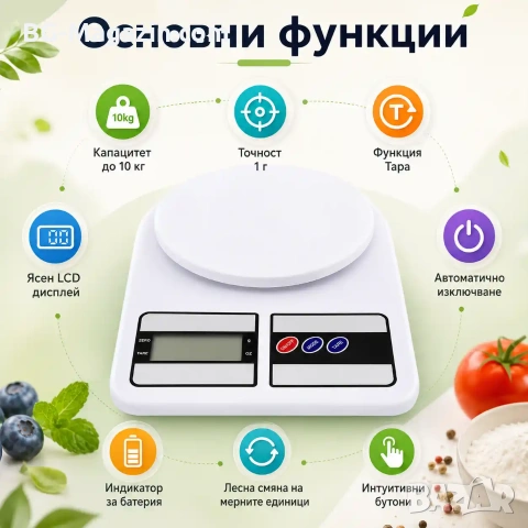 Кухненска електронна везна дигитален кантар до 10 кг за храна кафе плодове и зеленчуци кухненска, снимка 2 - Везни - 50921474