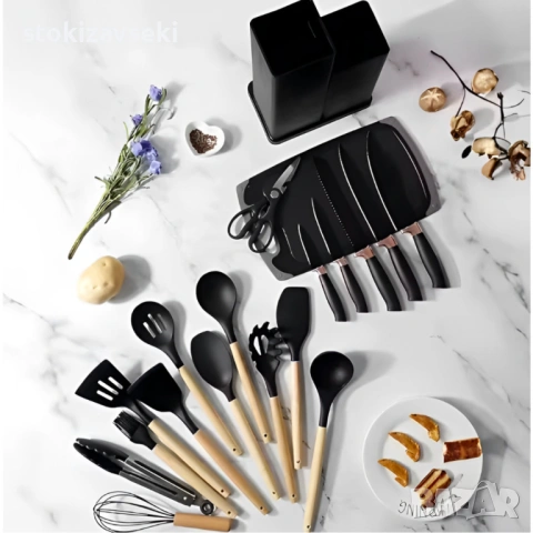 Кухненски комплект от 19 части Cheffinger KSUT01 - ножове, силиконови прибори, поставка и дъска , снимка 6 - Прибори за хранене, готвене и сервиране - 54138568