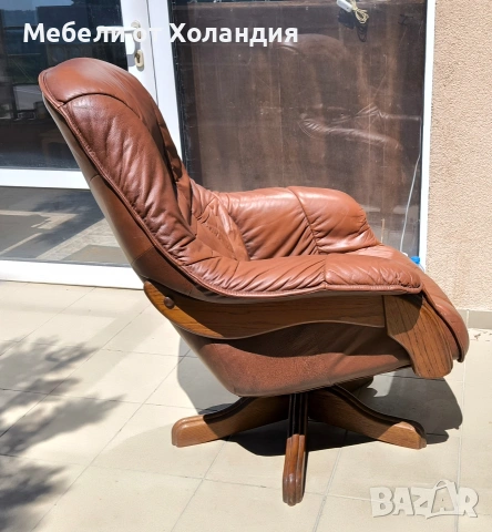 Въртящо кресло от дъб и ест. кожа, снимка 3 - Дивани и мека мебел - 54439146