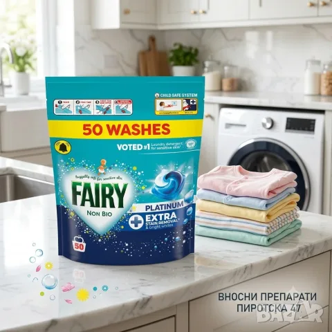 Капсули за пране Fairy Non Bio Platinum Extra Stain Removal за чувствителна кожа