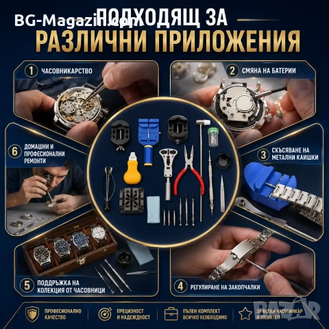Професионални часовникарски инструменти комплект за ремонт отваряне смяна на батерия на часовници, снимка 7 - Други инструменти - 50987596