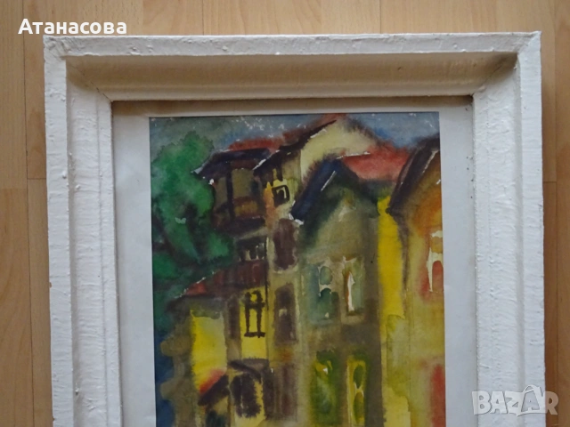 ХРИСТО КАБАКЧИЕВ картина "Градски пейзаж" акварел 1950 г, снимка 3 - Картини - 54586370
