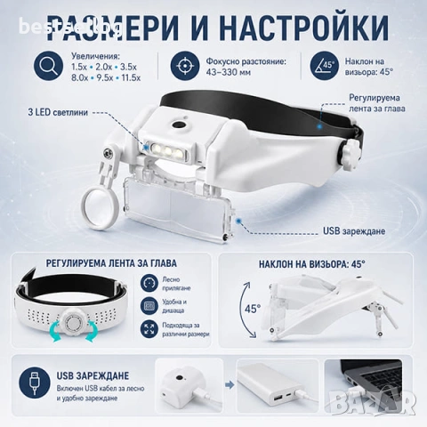Увеличителна лупа за глава очила LED осветление четене бродиране шиене, снимка 4 - Други инструменти - 46856969