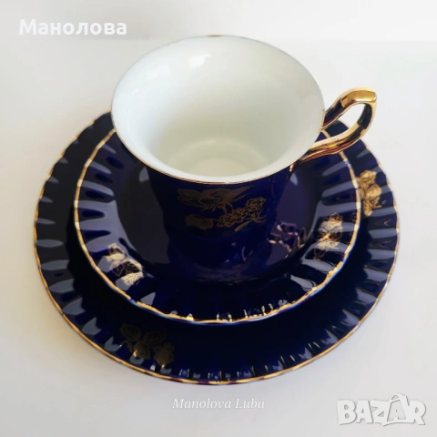 Кобалтово сини ваза Porzellanfabrik Waldsassen Bareuther & Co. AG и троен комплект , снимка 7 - Други ценни предмети - 54142289