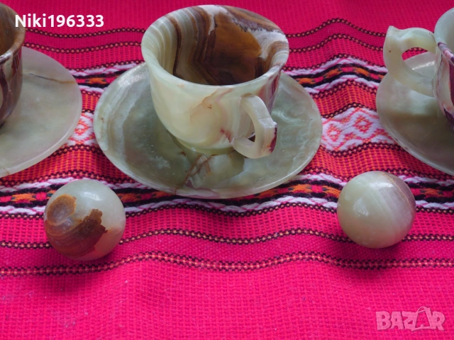 Уникален комплект от пакистански Оникс - 3 чаши с чинийки + 2 декоративни сфери, снимка 6 - Други - 54125547