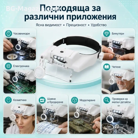 Мощна професионална увеличителна лупа за глава часовникарска с лед осветление лампа бродиране шиене, снимка 6 - Други инструменти - 50919287