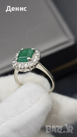 Златен пръстен 18K (750) с естествен изумруд и диаманти | 4.24 гр | Emerald Halo Ring, снимка 5 - Пръстени - 55267016