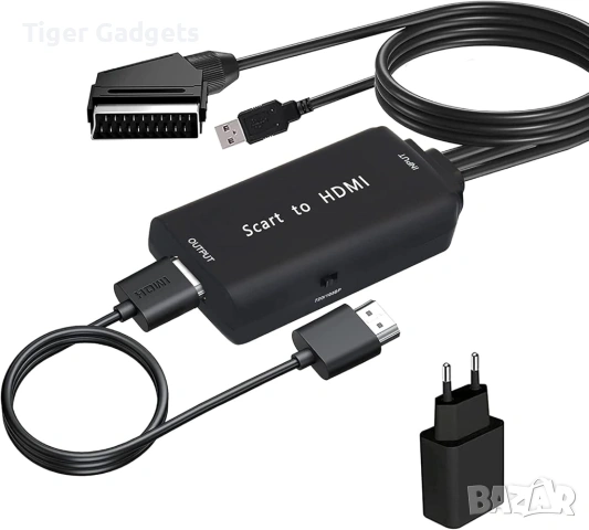 SCART към HDMI конвертор 1080P – адаптер с HDMI, SCART и USB кабели за TV, DVD, PS2, VHS и Xbox