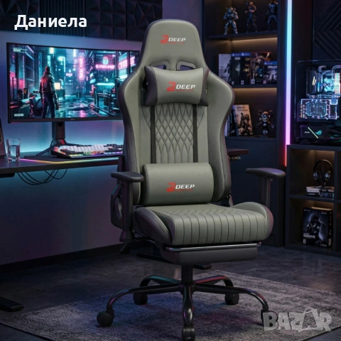 Ергономичен сив геймърски стол с поставка за крака, регулируема височина и 3D подлакътници, снимка 3 - Столове - 54048041