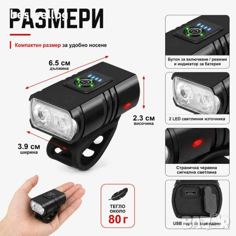 Мощен акумулаторен LED фар за колело 1000 lm с 2 CREE T6 диода и USB зареждане, снимка 4 - Аксесоари за велосипеди - 29262897