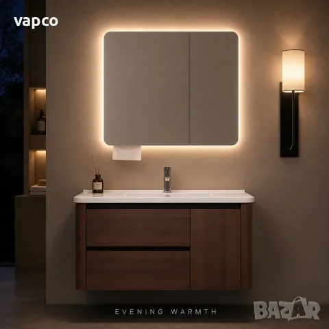 Луксозен шкаф за баня от масивно дърво 2801 (Walnut Balance) със заоблен дизайн и смарт огледало, снимка 9 - Шкафове - 55480754
