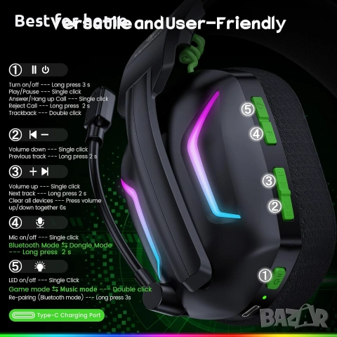 WESEARY Безжични геймърски слушалки, снимка 9 - Bluetooth слушалки - 55016840