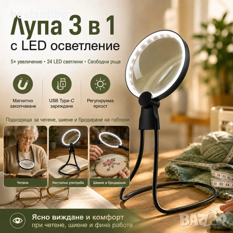 Голяма увеличителна лупа за врат за четене шиене бродиране гоблени настолна с LED осветление USB
