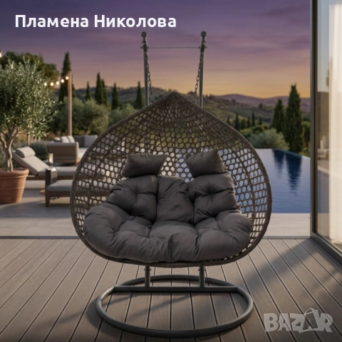 Двойна висяща ратанова люлка тип пашкул с метална рамка и възглавница – стил и комфорт до 200 кг, снимка 2 - Градински мебели, декорация  - 54759590