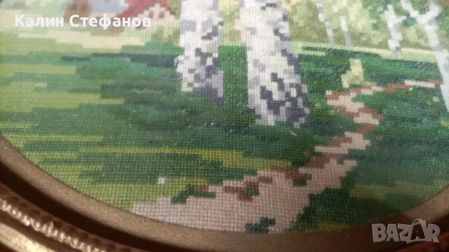 Гоблен с ретро рамка, къща в брезова гора, елипса, снимка 3 - Гоблени - 55664449