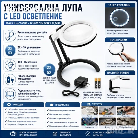 Голяма увеличителна ръчна и настола лупа с LED осветление за четене шиене бродиране гоблени лед, снимка 8 - Други инструменти - 50921022