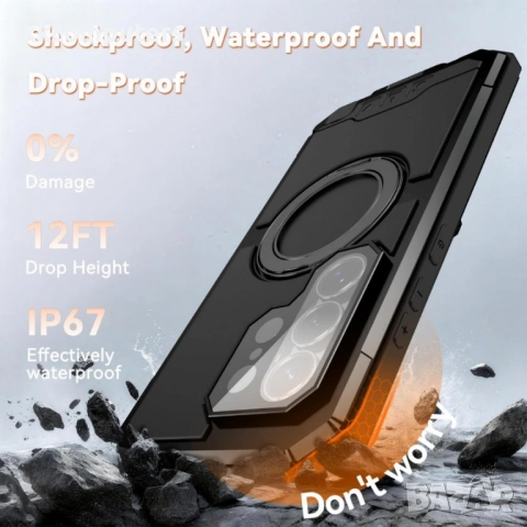 R-JUST Life Водоустойчив и прахоустойчив MagSafe калъф за Samsung Galaxy S26 Ultra 5G със стойка – Ч, снимка 4 - Калъфи, кейсове - 54379131