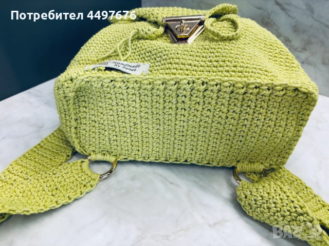 Раничка цвят "пистачио", изплетена на една кука от памучно макраме, снимка 4 - Раници - 54514149