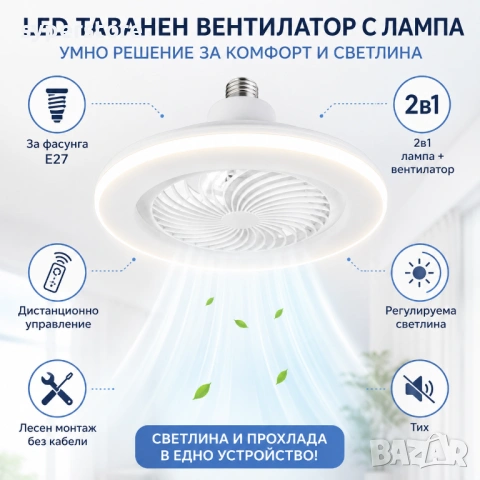 LED таванен вентилатор с лампа за фасунга, 2в1 осветление и вентилатор SP01166 Fan Light, снимка 3 - Лампи за таван - 54914925