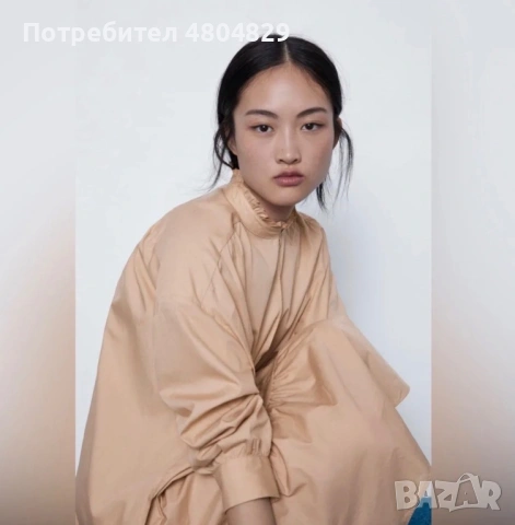 ZARA Стилна бежова памучна рокля , снимка 2 - Рокли - 54740583