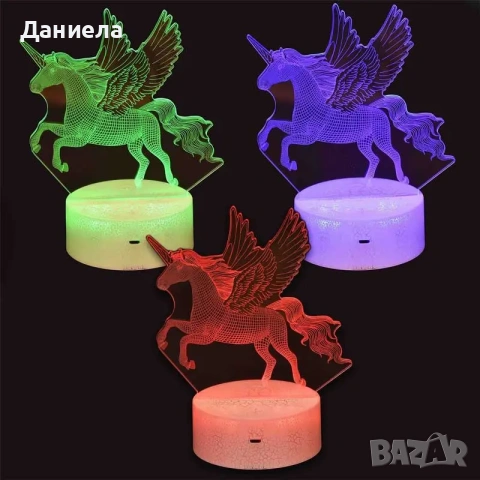 Детска нощна 3D LED лампа, Крилат еднорог, променящи се цветове, 20 см, снимка 3 - Други - 55266363