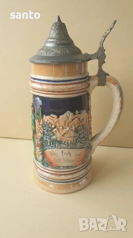 Винтидж немска халба за бира с калаен капак (Beer Stein), снимка 2 - Други ценни предмети - 54661245