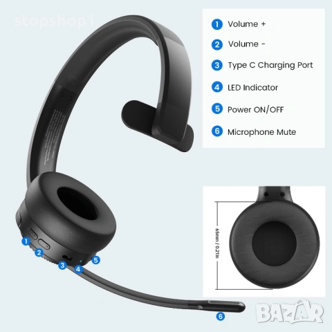 EKSA H3 Trucker Bluetooth Headset V5.4, Безжични слушалки с микрофон, шумопотискане, бутон за изключ, снимка 6 - Bluetooth слушалки - 54227553