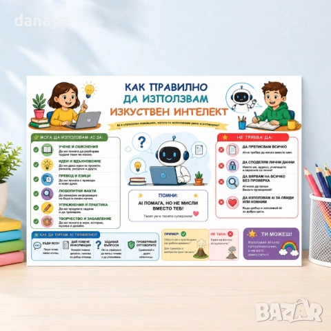 6710 AI помощник за деца – образователно двулицево табло, А4 формат, ламинирано