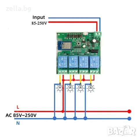 Интелигентно WiFi реле с 4 канала Tuya 220V, 2000W/канал, гласов контрол Alexa – за гаражни 10312, снимка 3 - Друга електроника - 54663384
