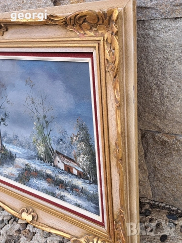 авторска картина зимен пейзаж маслени бои върху платно с красива дървена рамка , снимка 3 - Картини - 54087882