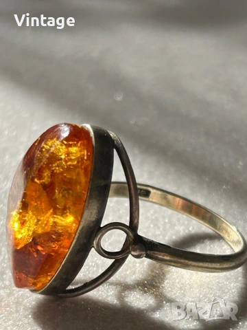Антикварен съветски сребърен пръстен с кехлибар , снимка 5 - Пръстени - 53260437