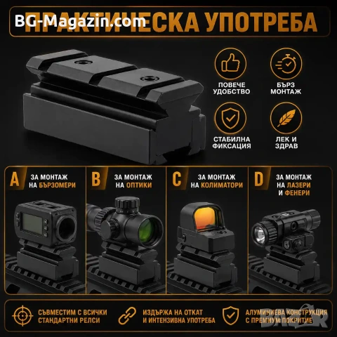Преходна шина 11мм към 22мм Weaver Picatinny - монтаж с повдигане и релси, снимка 5 - Оборудване и аксесоари за оръжия - 54027573