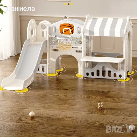 Детски център за игра с пързалка, къща и баскетболен кош, сив