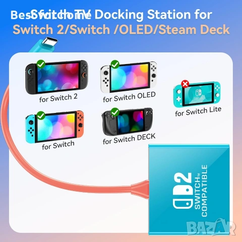 Докинг станция Auarte Switch 2 за Nintendo Switch 2 (2025) или 1/OLED/Steam Deck, преносим докинг , снимка 3 - Кабели и адаптери - 54995690