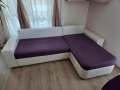 Ъглов диван с дясна лежанка, функция сън и ракла, в лилаво и бяло - дамаска и еко кожа, снимка 3